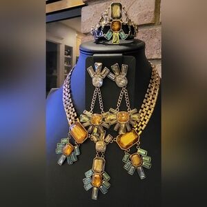 Sam Edelman Set Necklace, Bracelet and Earrings Gold and Blue Geometric